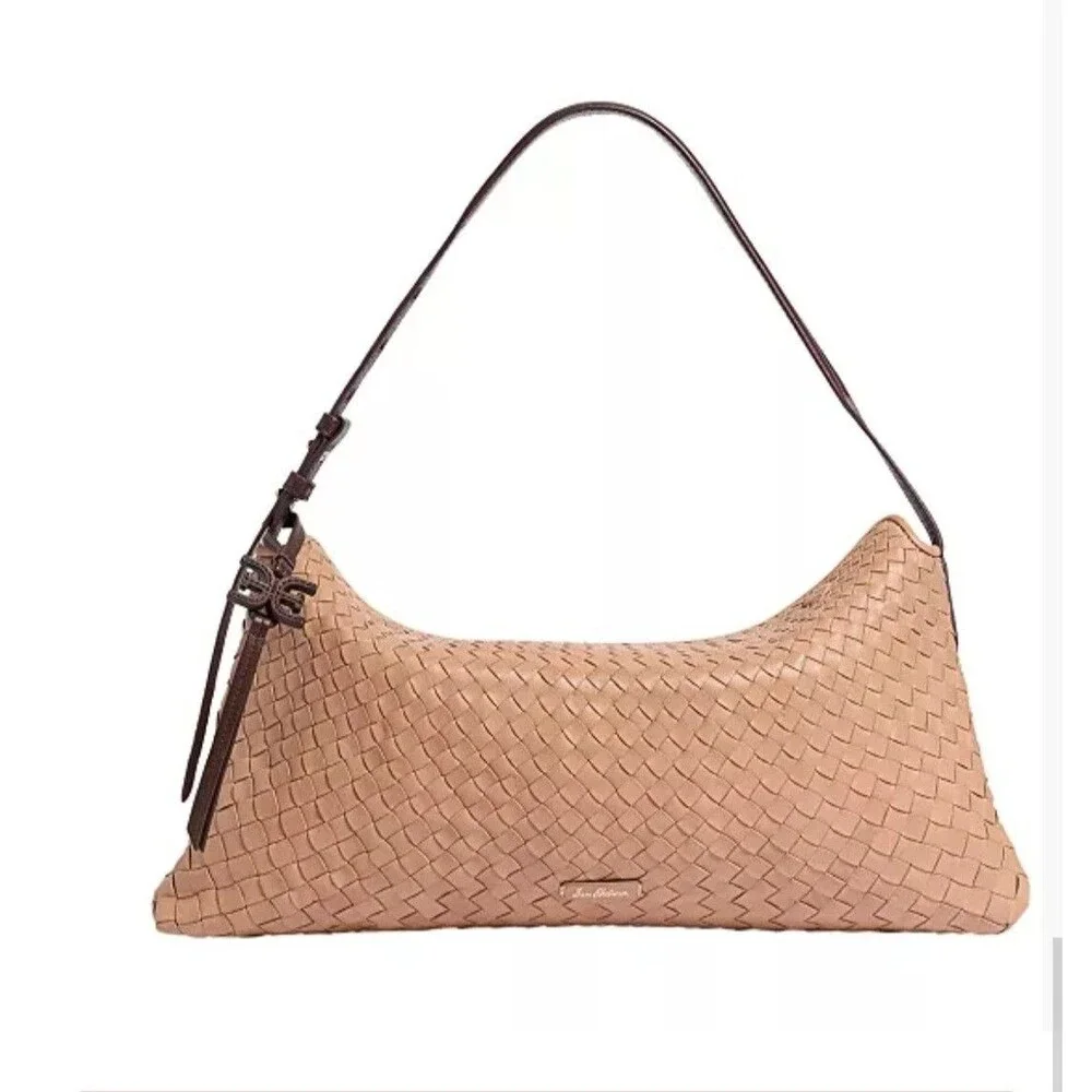 Sam Edelman Petty Shoulder Bag Mocha Mousse Leather Woven Gold Hardware
